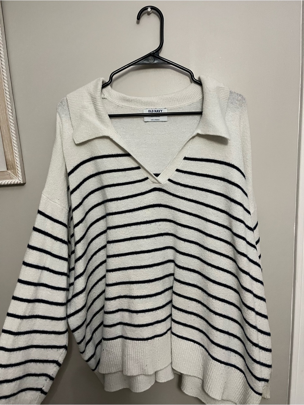 Old Navy Cream and Navy Striped V-Neck Collared Sweater
